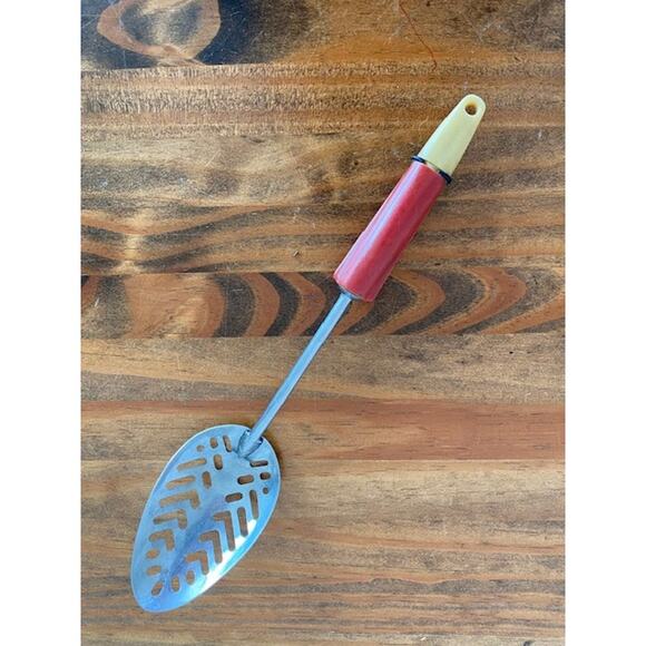 Vintage Stainless Steel Slotted spoon A&J Red and White - Picture 1 of 6